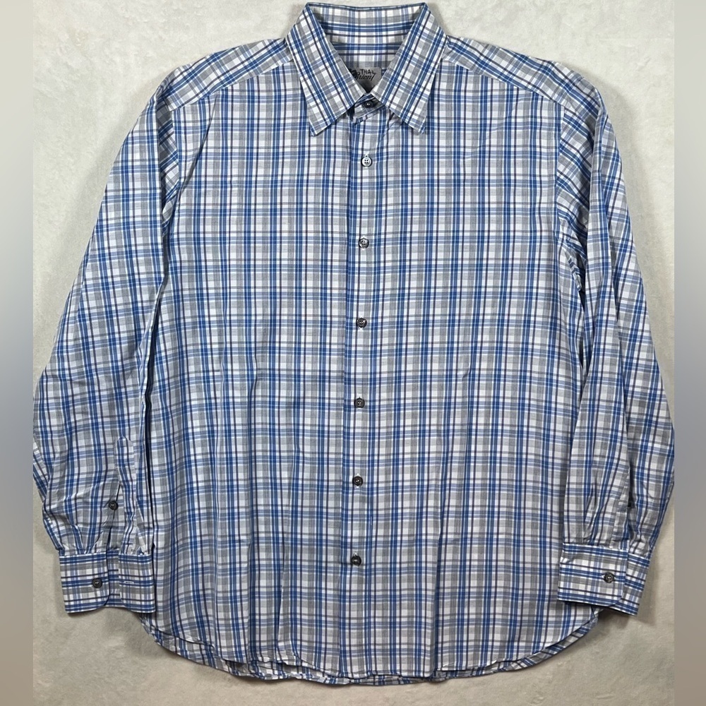 Brioni XL Navy Plaid 100% Cotton Button Front Summer Plaid Pointed Collar Shirt